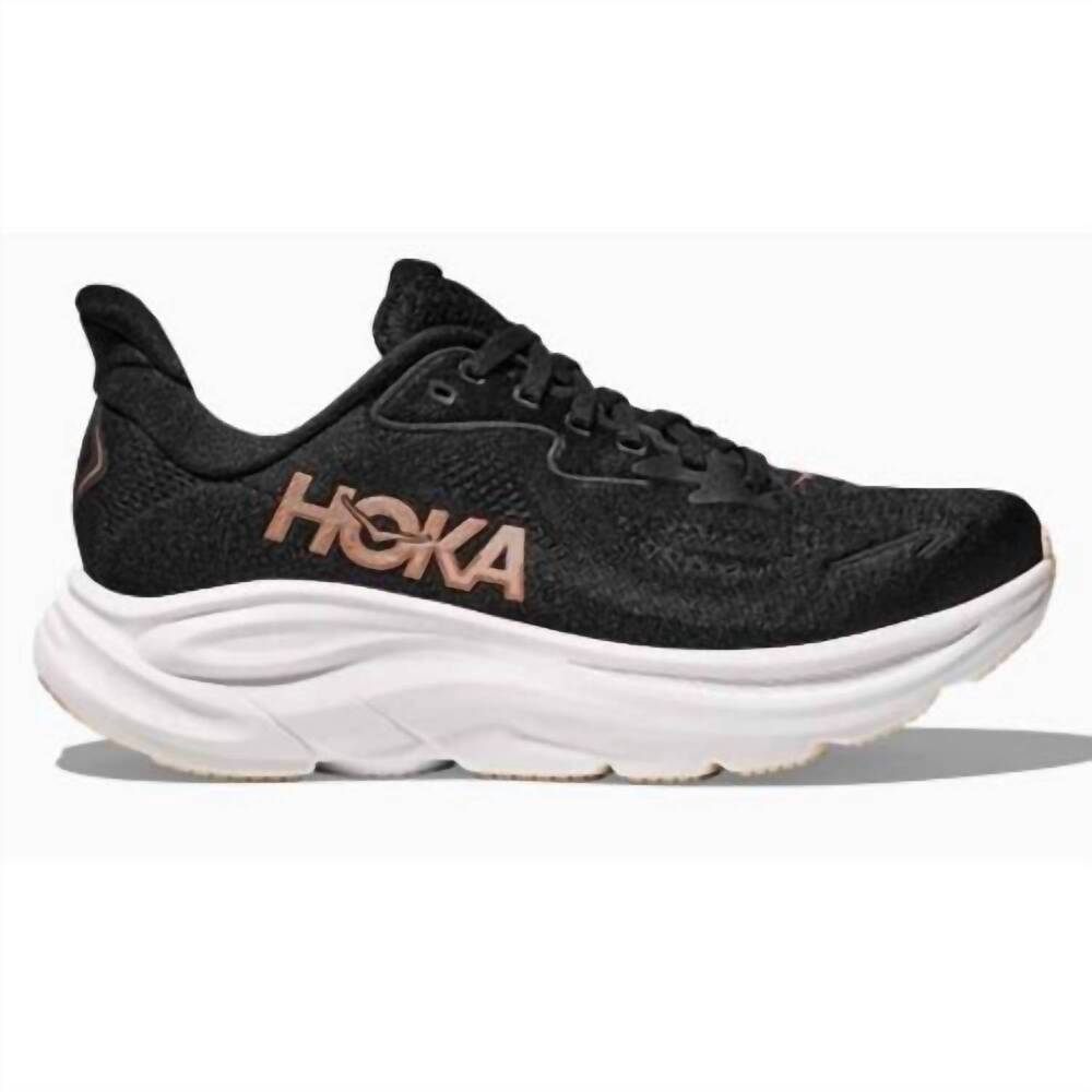 NEW HOKA women's clifton 10 running shoes in black/rose gold